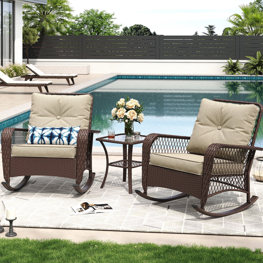 MRUAKA Outdoor Rocking Chairs Set of 3, Wicker Patio Furniture with Thickened Cushions and Table for Porch，350lbs Weight Capacity(Brown & Off-white)