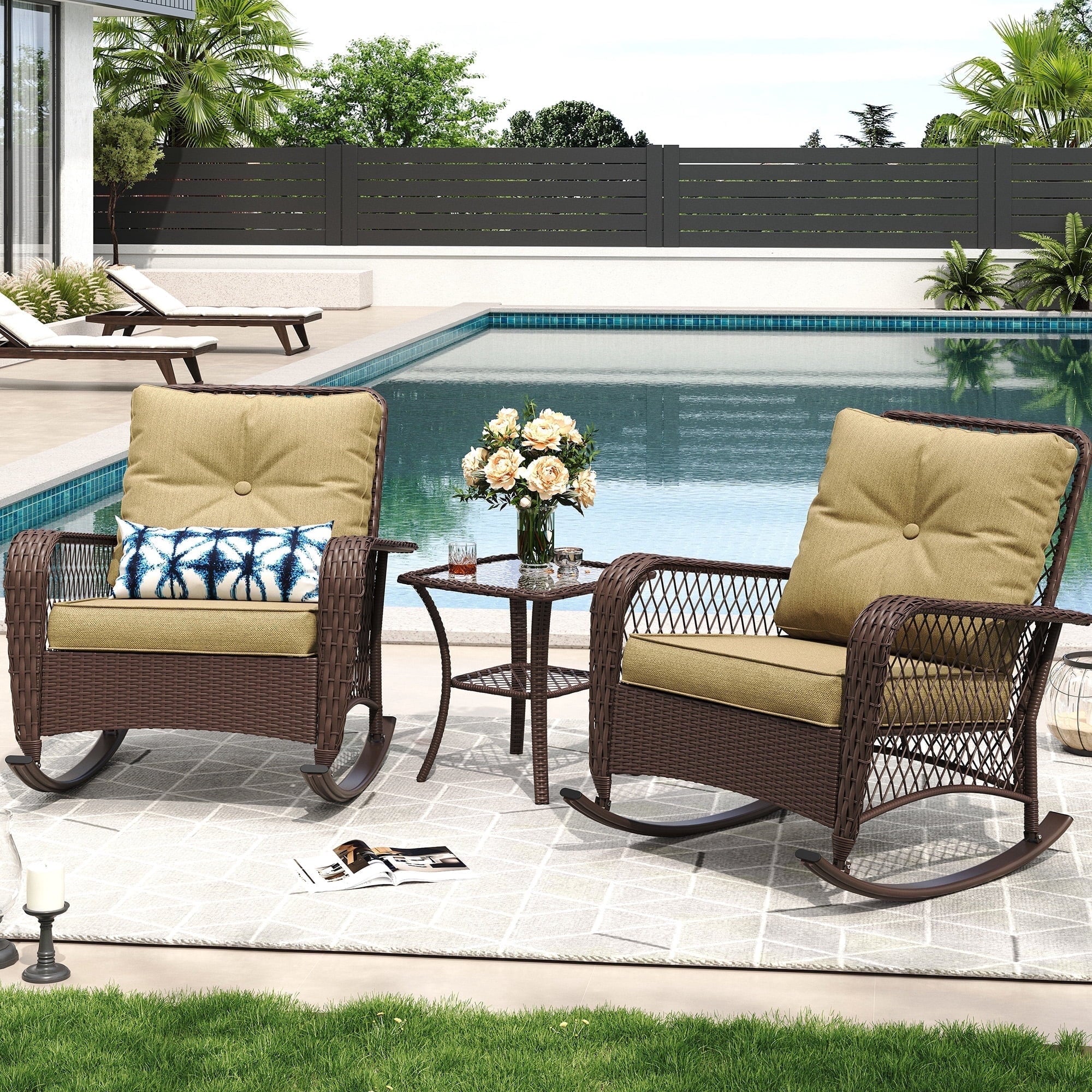 MRUAKA Outdoor Rocking Chairs Set of 3, Wicker Patio Furniture for Porch (Beige)