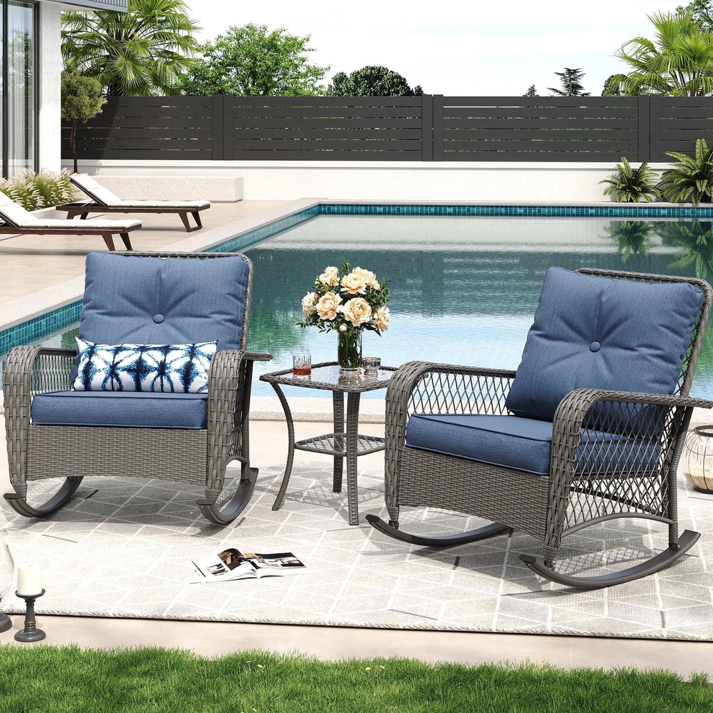 MRUAKA Outdoor Rocking Chairs Set of 3, Wicker Patio Furniture with Thickened Cushions and Table for Porch，350lbs Weight Capacity(Blue)