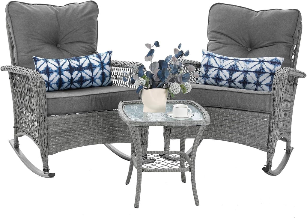 MRUAKA Outdoor Rocking Chairs Set of 3, Wicker Patio Furniture with Thickened Cushions and Table for Porch，350lbs Weight Capacity(Gray)