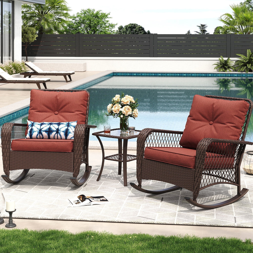 Outdoor Rocking Chairs Set of 3, Wicker Patio Furniture with Thickened Cushions and Table for Porch，350lbs Weight Capacity(Red)