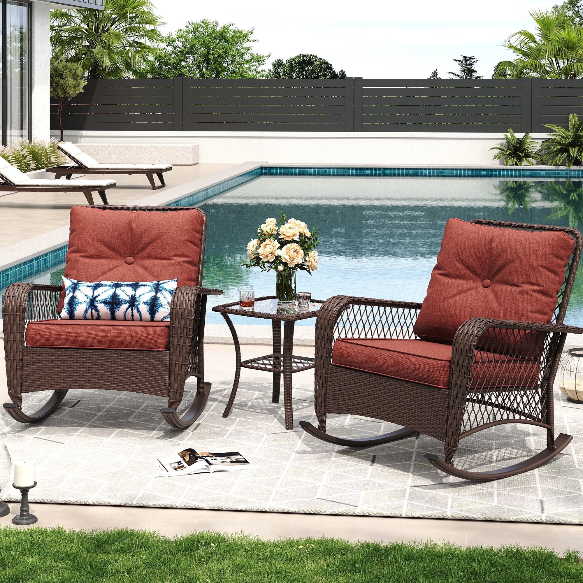 Outdoor Rocking Chairs Set of 3, Wicker Patio Furniture with Thickened Cushions and Table for Porch，350lbs Weight Capacity(Red)