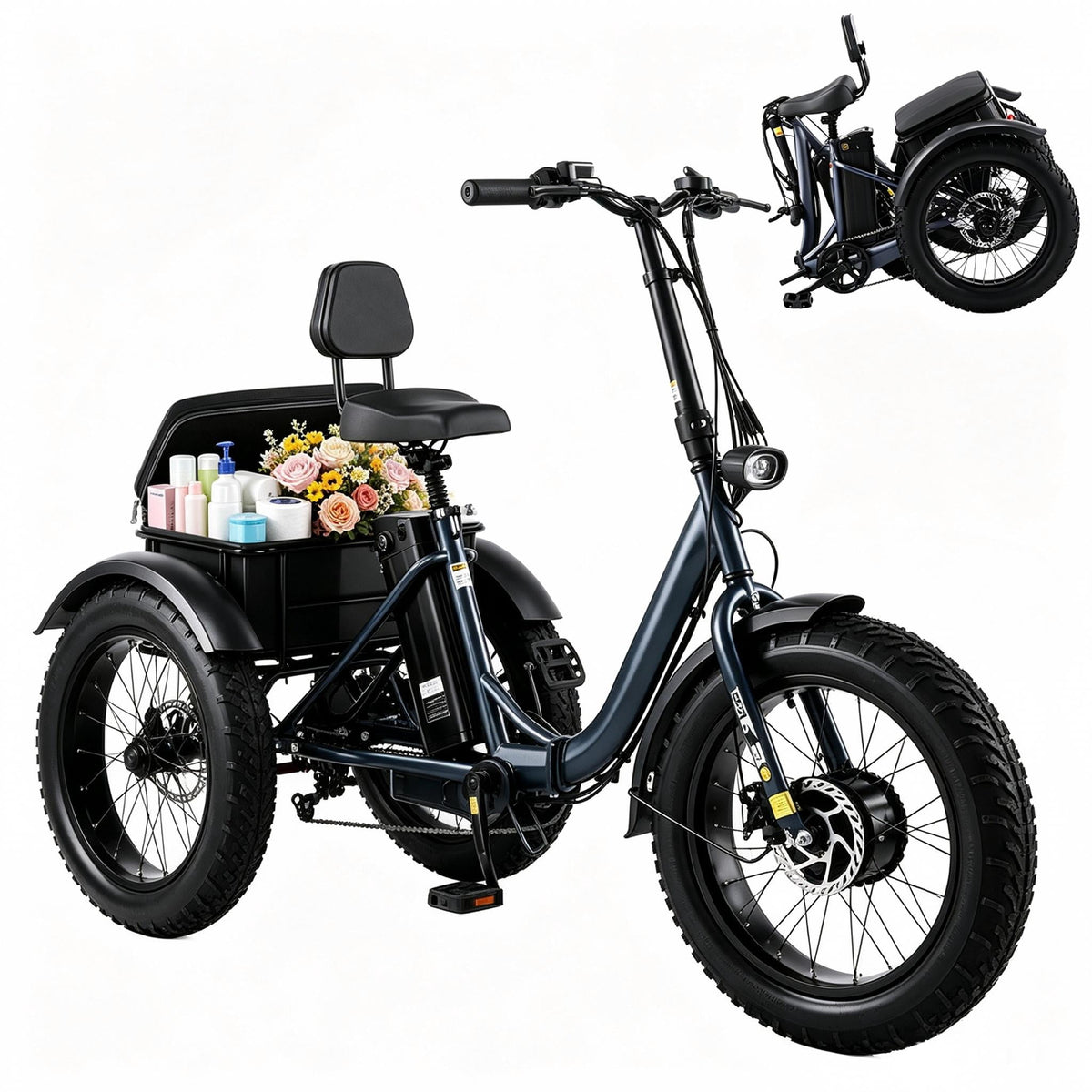 Electric Tricycle for Adults, 1500W Peak 3 Wheel Electric Bike, 20x4.0 Fat Tire Folding Step-Thru, 6-Speed with Large Basket