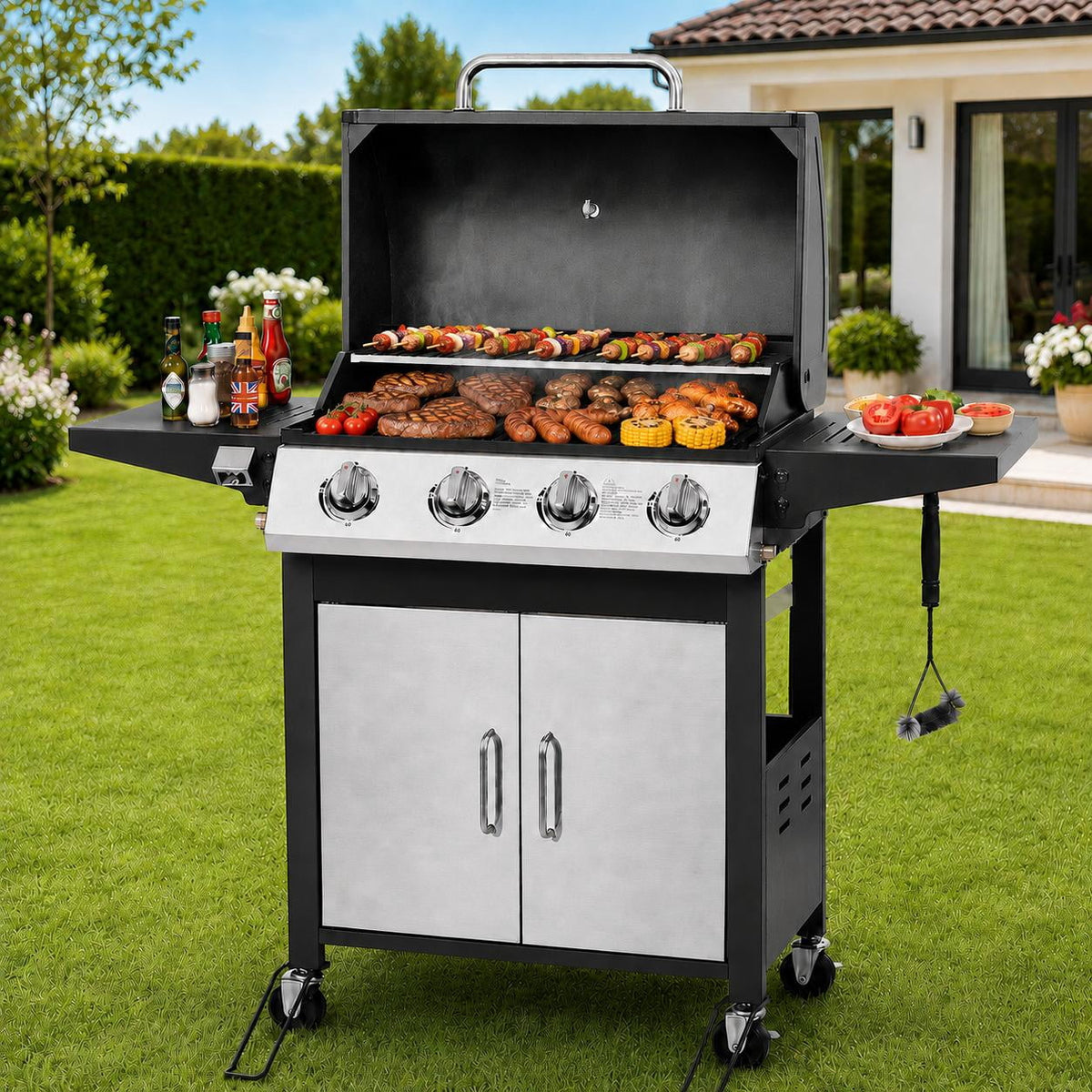 4 Burner BBQ Propane Gas Grill, Stainless Steel 40,000 BTU Patio Garden Barbecue Grill with Side Tables, Built-in Thermometer, 4 Universal Wheels for Outdoor Cooking Patio Backyard