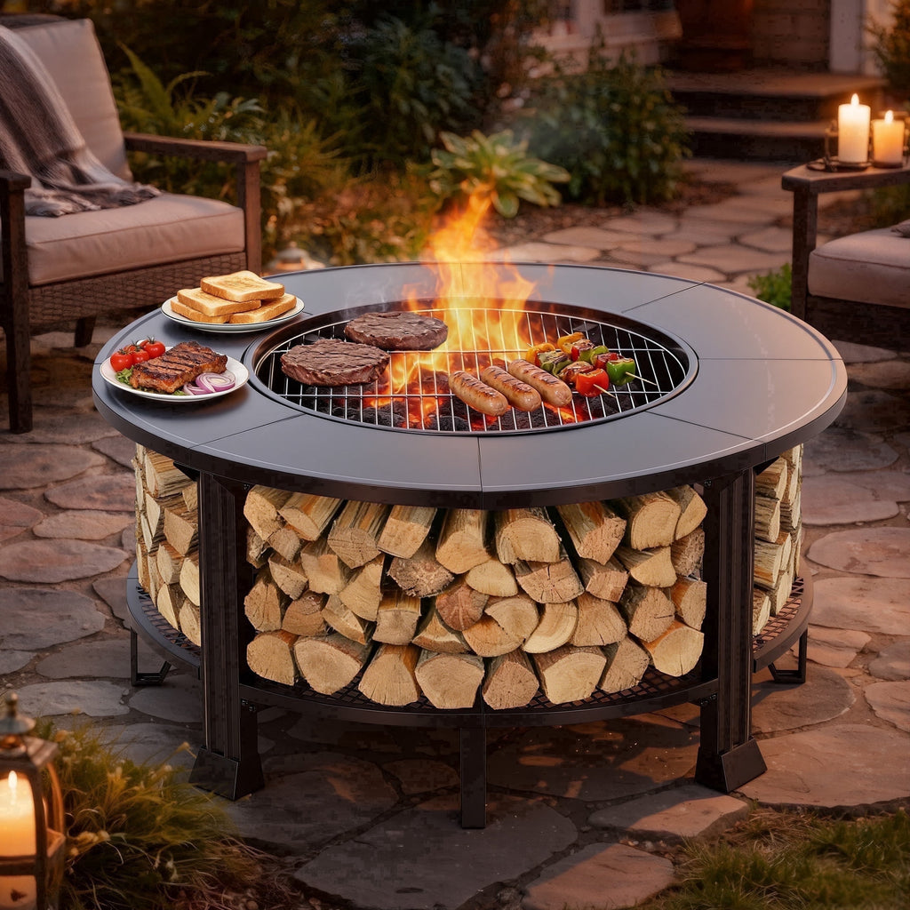 38" Fire Pits for Outside, SEGMART Outdoor Fire Pit, Round Wood Burning Fire Pit with Grill, Poker, Waterproof Cover, Fire Pit Table for Patio BBQ, Backyard Fire Pit, Firepit for Outside Patio, Black