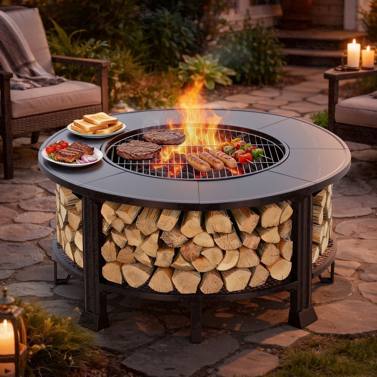 38" Fire Pits for Outside, SEGMART Outdoor Fire Pit, Round Wood Burning Fire Pit with Grill, Poker, Waterproof Cover, Fire Pit Table for Patio BBQ, Backyard Fire Pit, Firepit for Outside Patio, Black
