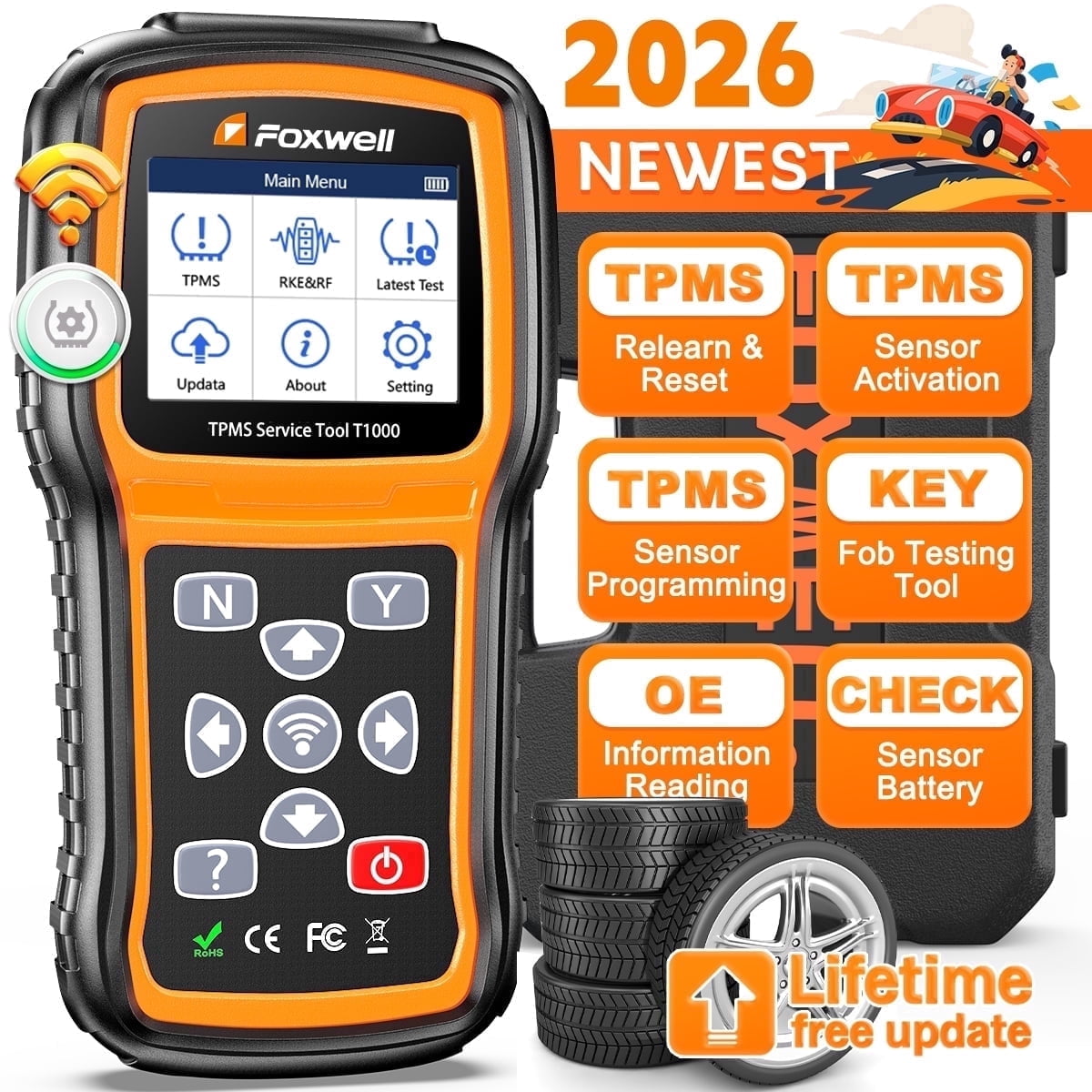T1000 Car TPMS Reset Tire Pressure Sensor Activate Program-ming Scan Tool, Key Fob Testing, Lifetime Free Update