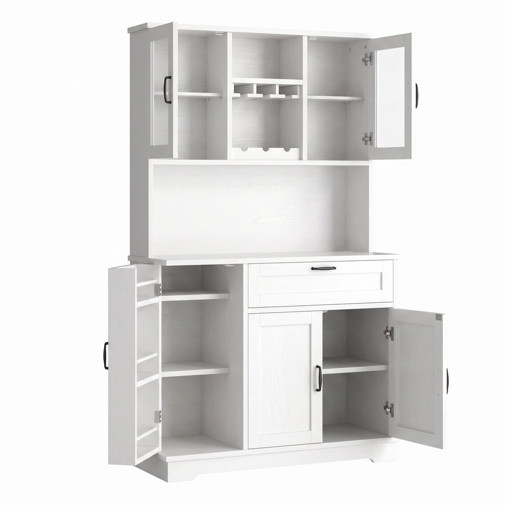 68" Farmhouse Kitchen Pantry Storage Cabinet with Doors, Shelves & Wine Rack, 7-Compartment Tall Hutch, White