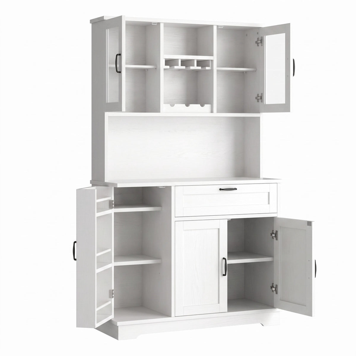 68" Farmhouse Kitchen Pantry Storage Cabinet with Doors, Shelves & Wine Rack, 7-Compartment Tall Hutch, White