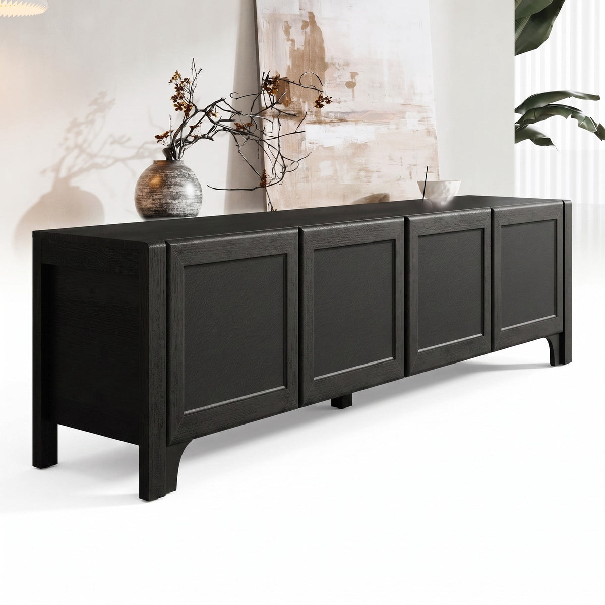 70" Low-Profile Entertainment Center with Leather-Wrapped Doors & Open Shelving Modern Black TV Stand, Holds Up to 300 lbs