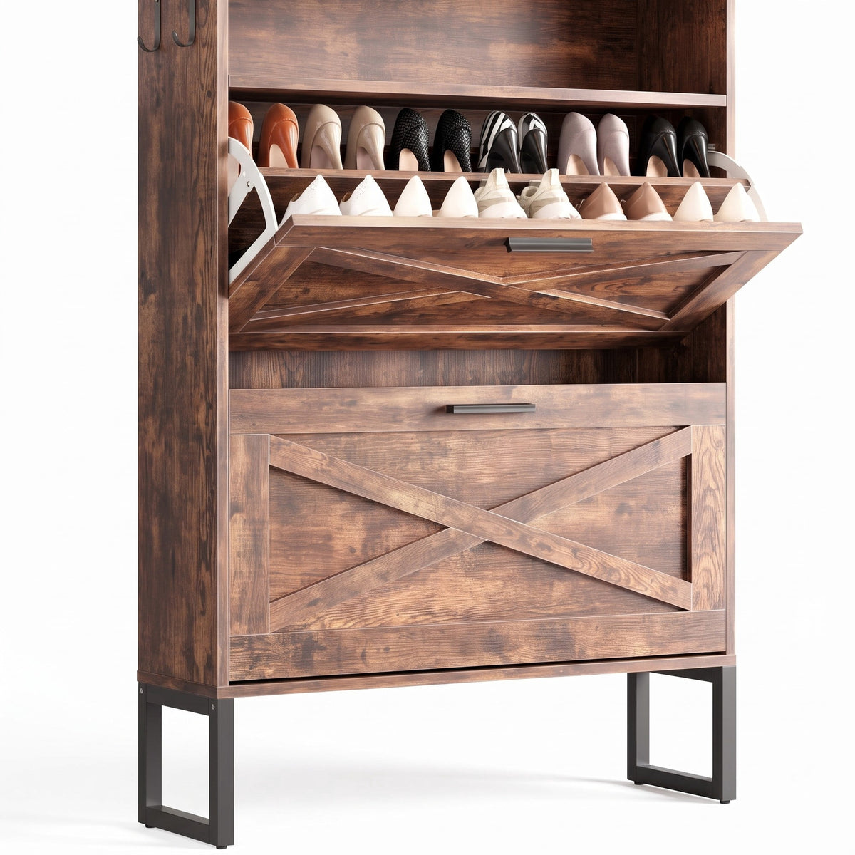 Flip-Door Shoe Cabinet for Entryway, Holds 32 Pairs, Adjustable Shelves, Farmhouse Burnt Wood Finish, 39" Tall