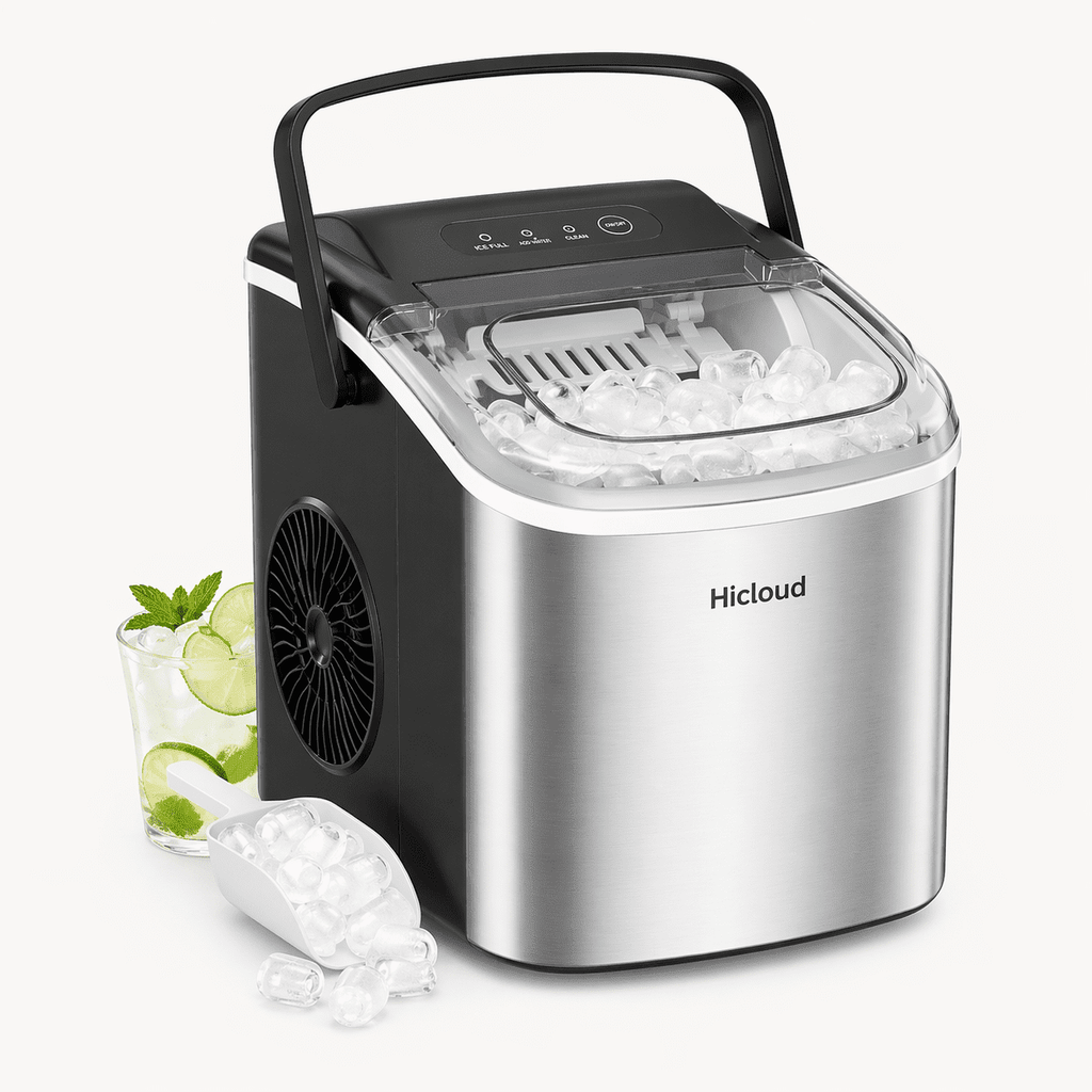 Hicold Countertop Ice Maker, Self-Cleaning Portable Ice Maker Machine, 26.5Lbs/24H Fast 9 Cubes/6Min, with Handle and Ice Scoop, Black for Home Kitchen Bar Camping