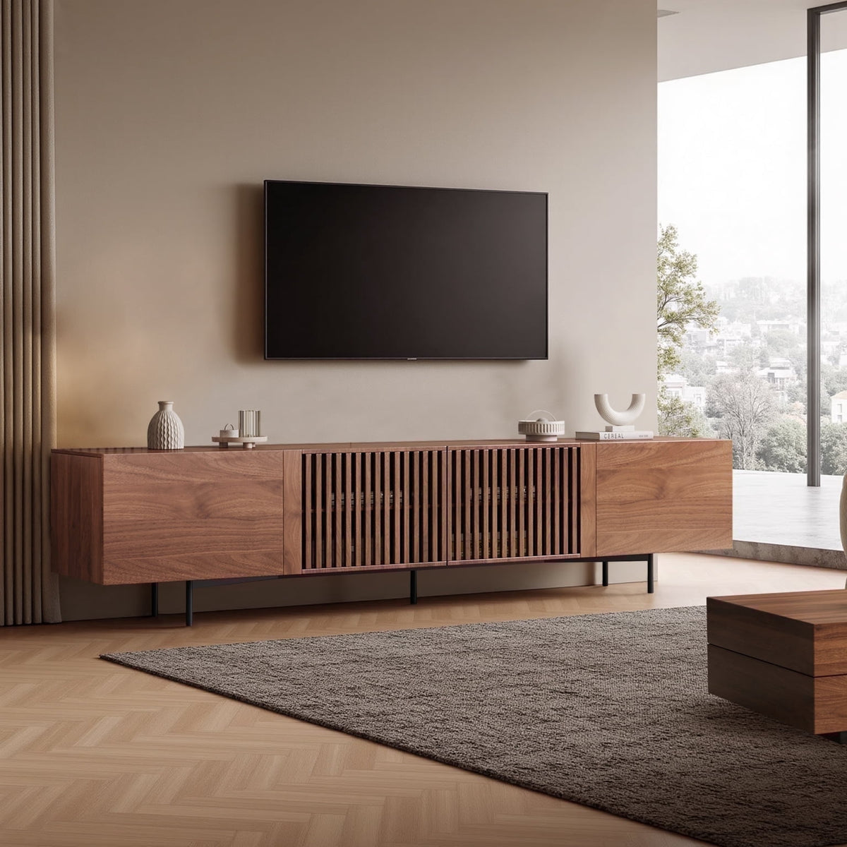 Mid-Century Modern TV Stand for 80+" TVs, 94.48" Walnut Console with Storage, Stylish Entertainment Center for Living Room or Bedroom