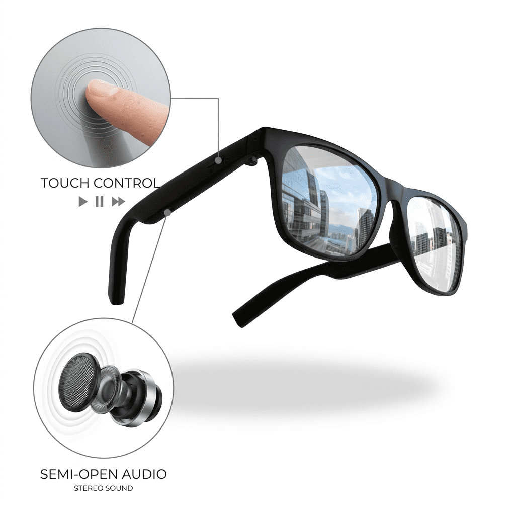 Bluetooth Smart Glasses Open Ear Audio Sunglasses with Touch Control Stereo Sound Hands Free Calls Voice Assistant Extended Standby for Sports Cycling Driving Outdoor Gift