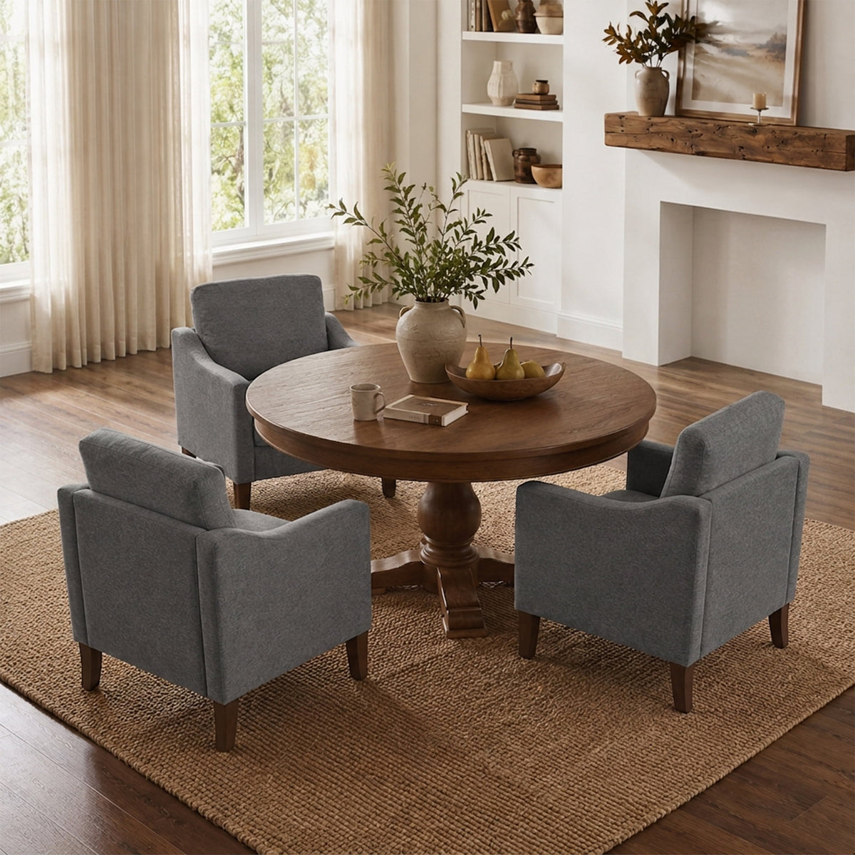 Modern Accent Chairs Set of 3, Polyester Upholstered Single Chairs with Wood Legs, Reading Armchairs for Living Room, Bedroom, Office, Dark Gray