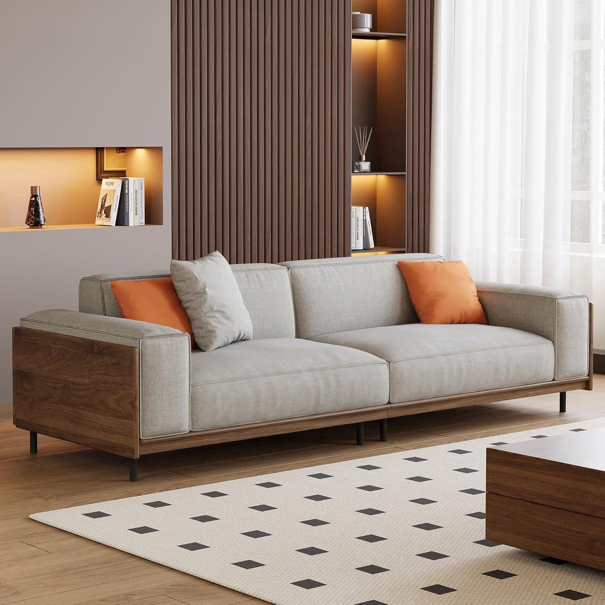 82.67" Mid-Century Modern 3-Seater Fabric Sofa Couch with Sturdy Solid Wood Frame & High-Density Rebound Foam, Upholstered Futon-Style Furniture for Living Room, Apartment, Office, Gray