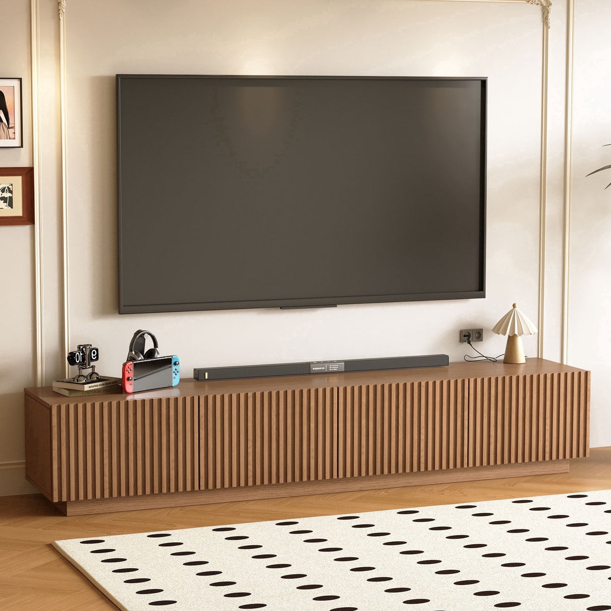 86.61" Mid-Century Modern TV Stand for TVs up to 85", Sturdy Living Room Furniture Media Console with Large Storage Space, Entertainment Center for Living Room and Bedroom, Walnut