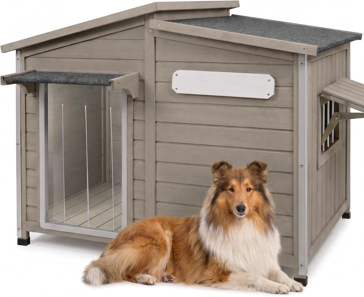 40"L Outdoor Dog House with Asphalt Roof & Window, Gray