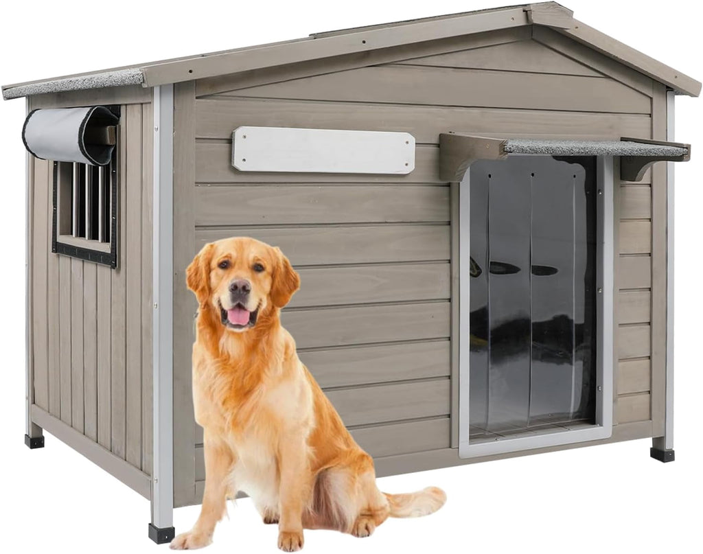 40"L Outdoor Dog House, Wooden Dog Kennel with Asphalt Roof for Medium Dog, Gray
