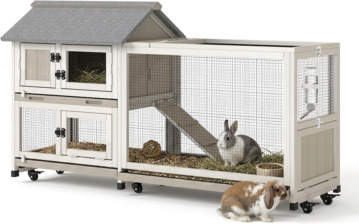 2-Story Rabbit Hutch Indoor Outdoor Wooden Cage with Wheels & 3 Pull-Out Trays