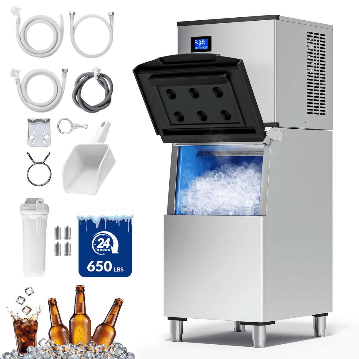 Split Commercial Ice Maker Machine 650LBS/24H with 350lbs Ice Bin, Nugget Ice Makers Commercial, Clear Cube Pellet Ice Maker, Fast Ice Maker Ice-Ready in 8-15mins