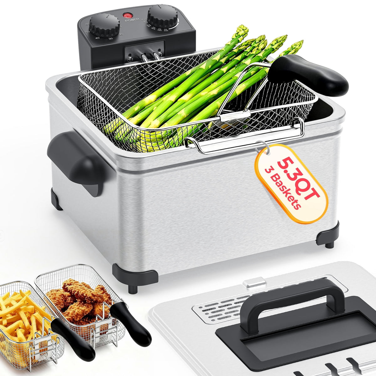 Electric Deep Fryer with 3 Fry Basket, 5.3Qt 1800W 304 Stainless Steel Deep Fryer, Adjustable Temperature Control, Viewing Window, Removable Oil Tank for Home Kitchen,Silver