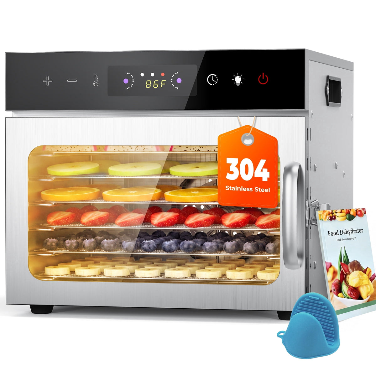 Food Dehydrator Machine with 6 Stainless Steel Large Trays,400W Fruit Dehydrator,24H Timer and 194°F Temperature Control, Food Dryer for Jerky, Herb, Meat,Beef,Fruit and Dog Treats,Silver