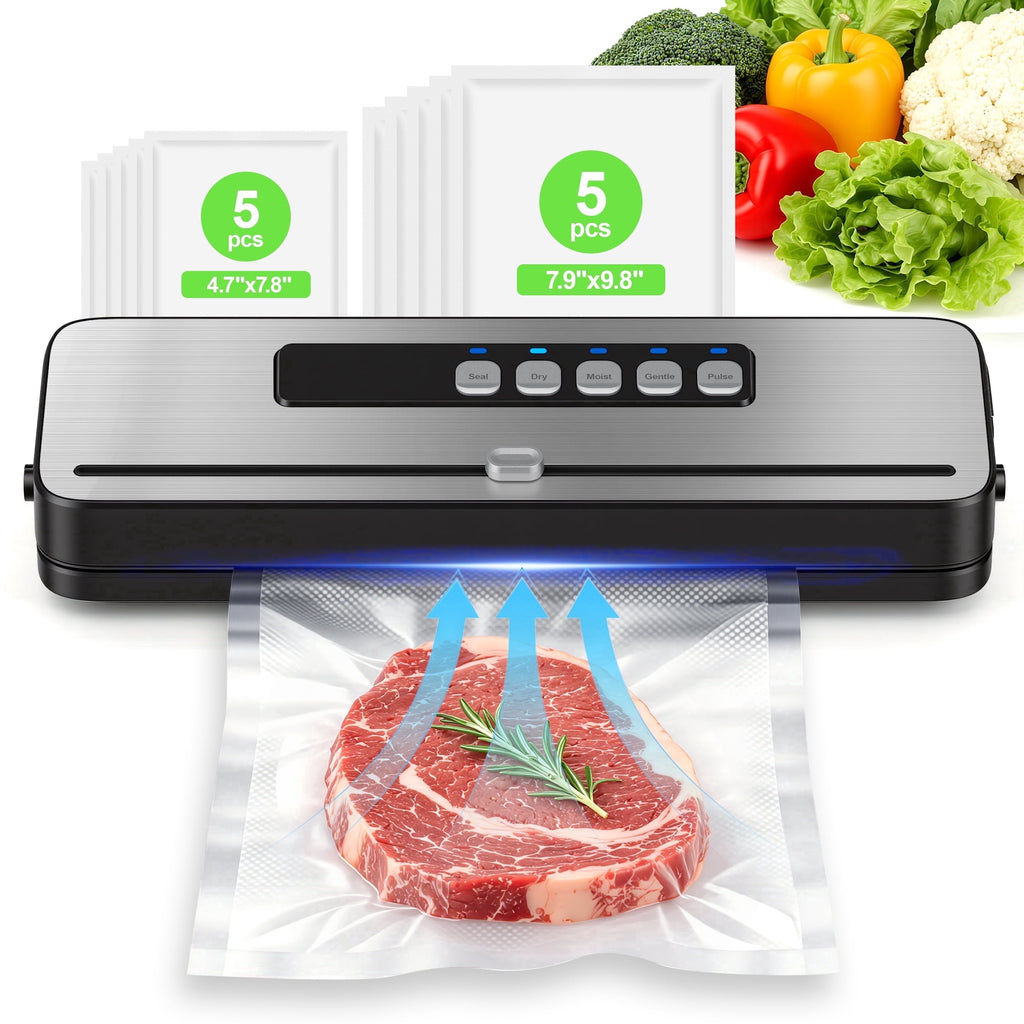 Vacuum Sealer Machine for Food with 20 Bags,60KPa Automatic Air Sealing Food Saver with Dry and Moist Food Modes,Led Indicator Lights, Easy to Clean, Compact Design