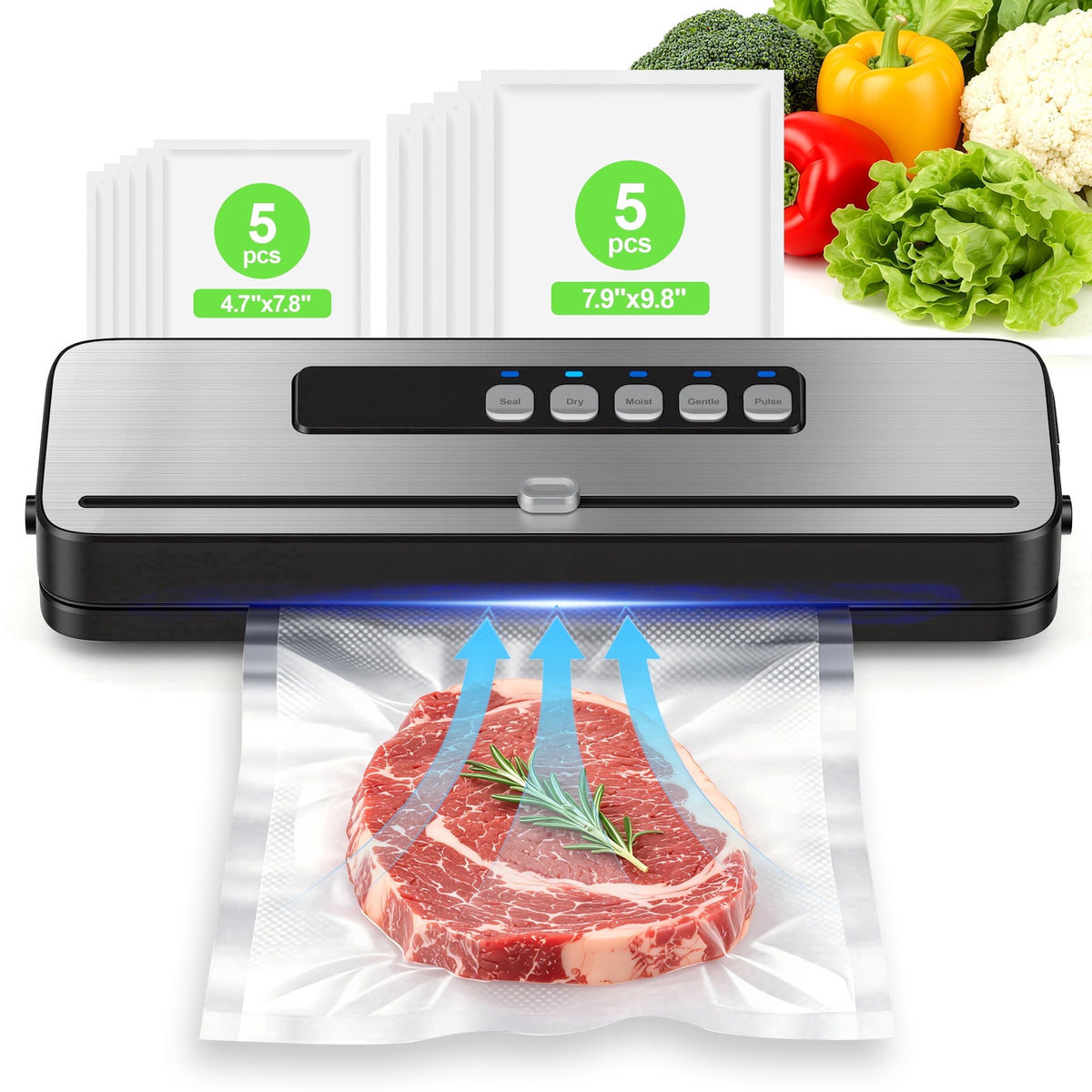 Vacuum Sealer Machine for Food with 20 Bags,60KPa Automatic Air Sealing Food Saver with Dry and Moist Food Modes,Led Indicator Lights, Easy to Clean, Compact Design