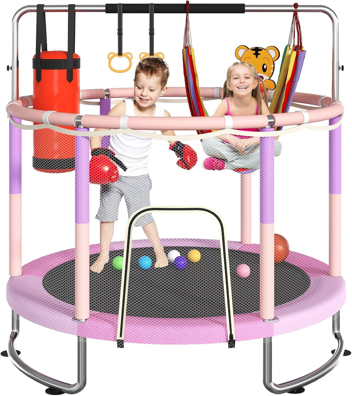 55" Trampoline for Kids with Safety Net, 3-Level Adjustable Height, 500lb Capacity Indoor & Outdoor Jumper with Basketball Hoop for Boys & Girls, Pink