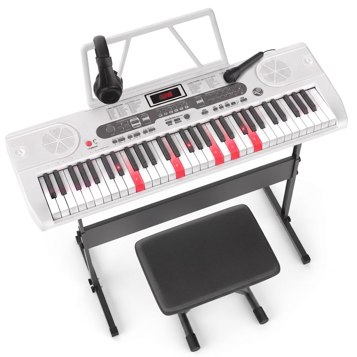 61 Key Lighted Keyboard Piano for Beginners with Stand, Bench, Microphone, Headphone & Built-In Speakers – White Electric Piano