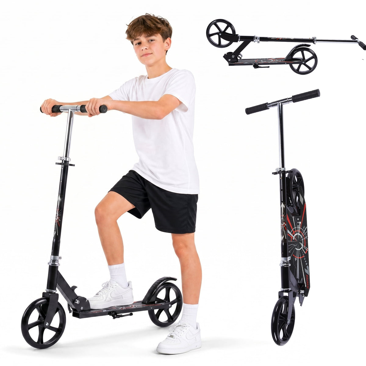 Kick Scooter with 3 Adjustable Levels,Folding Commuter Scooter 8 Inch Big Wheels for Teens & Adults,Black