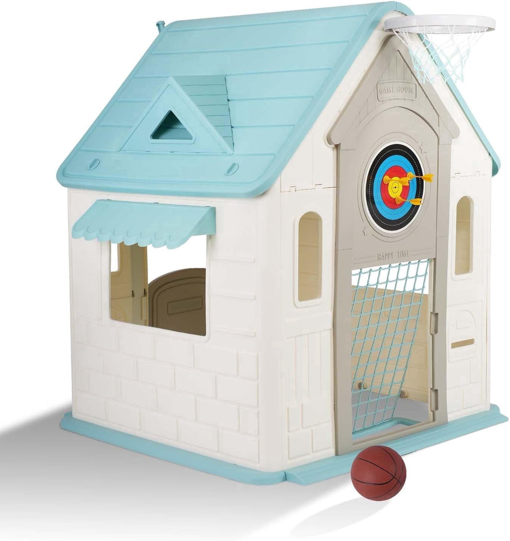 Playhouse with Basketball Hoop, Soccer Goal, Dartboard and Ring Toss Game, Indoor/Outdoor Toddler Play House with Stickers, for Boys and Girls Ages 6+, Cyan