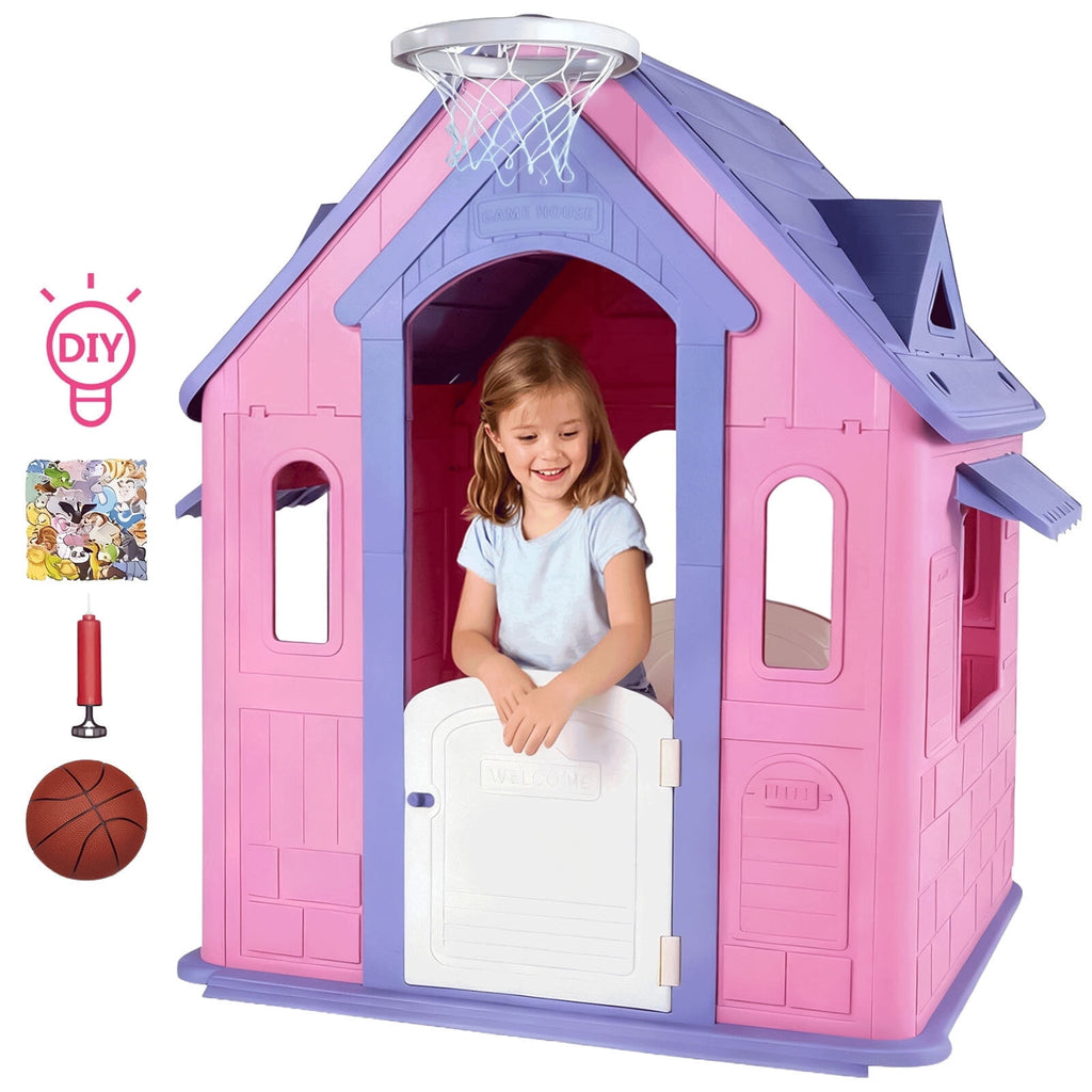 Playhouse for Kids,Kids Playhouse with Basketball Ring Toss Play and DIY Stickers, Activity Center Game House for Indoor Outdoor,Gift for Girls Boys