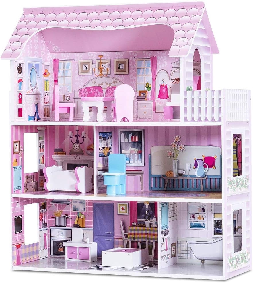 Wooden Dollhouse with warm LED Lights, 3-Story Pretend Play Doll House with 16 Furniture & Accessories, DIY Princess Playhouse, Creative Gift for Girls