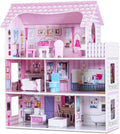 Wooden Dollhouse with warm LED Lights, 3-Story Pretend Play Doll House with 16 Furniture & Accessories, DIY Princess Playhouse, Creative Gift for Girls