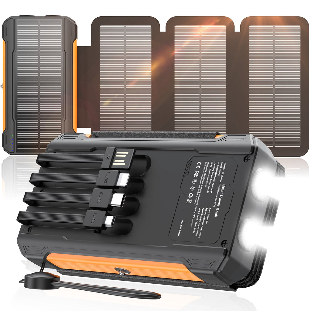 SOLPOWBEN 20000mAh Solar Power Bank with 4 Foldable Panels and 4 Built-In Cables, 15W Fast Charging Portable Charger for Cell Phone, Dual LED Flashlights Battery Pack for Camping, Travel