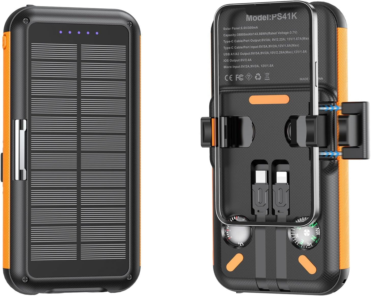 38800mAh Solar Power Bank, 22.5W Fast Charging Portable Charger for iPhone/Android, Solar Charger with Built‑in Cables & Dual Flashlight for Outdoor Camping Hiking(Orange)