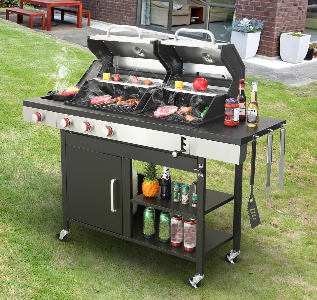3-IN-1 Outdoor Gas Grill Combo, Charcoal Grill Smoker Adjustable Height, 3-Burner Propane Gas BBQ Grill with Side Burner, Cast Iron Grid, 2-side Gribble, Storage Shelf, Adjustable Vent
