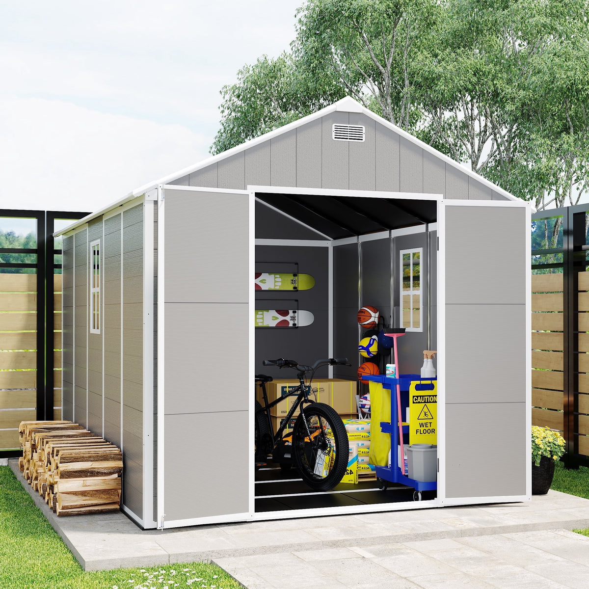 Resin Shed, Outdoor Storage Shed 7.5x10.3FT Extra Large, Outside Garden Shed for Lawn Mover Bike Tool, w/Double Doors, Air Vents, Double Windows, PP Floor