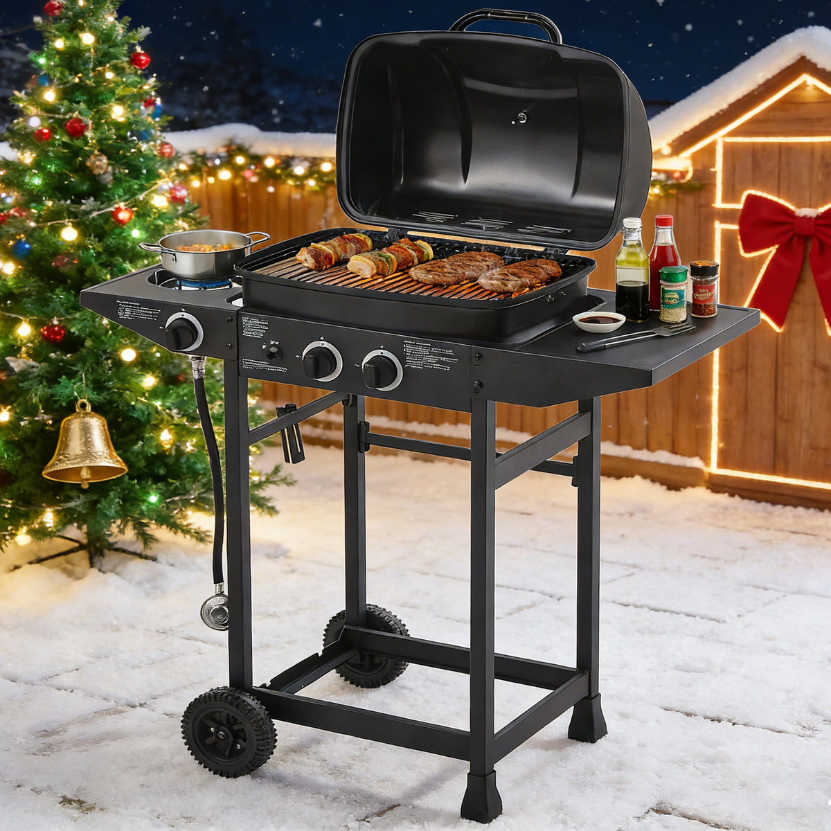 3 Burner Propane Gas Grill, 40000 BTU Stainless Steel BBQ Grill with Side Burner, Enameled Cast Iron Grates, Lockable Wheels, Outdoor for Patio Backyard Garden Camping, Black