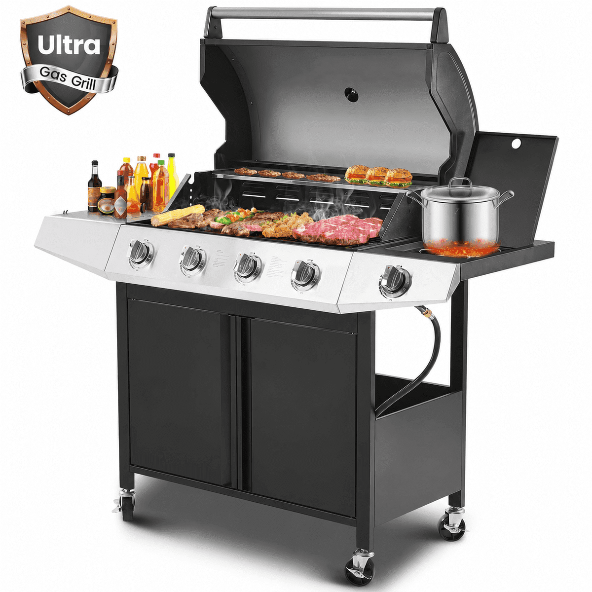 5 Burner Propane Gas Grill with Side Burner, Bbq Grill, 605 Sq. in. Cooking Area, 50000 Btu, Stainless Steel, Porcelain Grate, Outdoor Cookouts