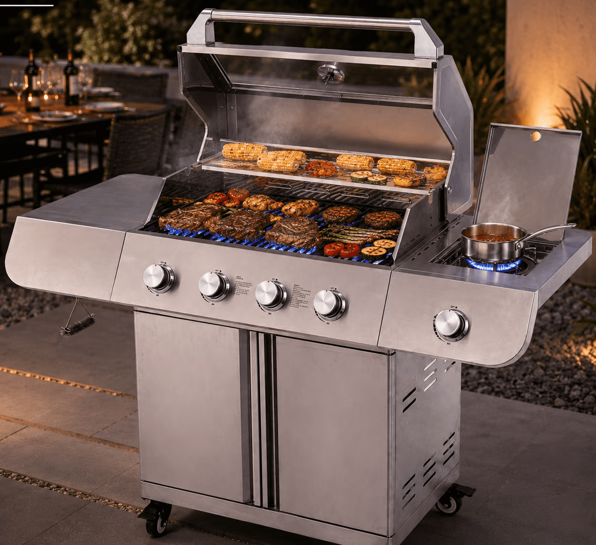 5 Burner Bbq Propane Gas Grill with Side Burner, Barbecue Grills with 627 Sq.in Cooking Area, Griddle Combo, 50000 Btu, Stainless Steel, Porcelain Grates