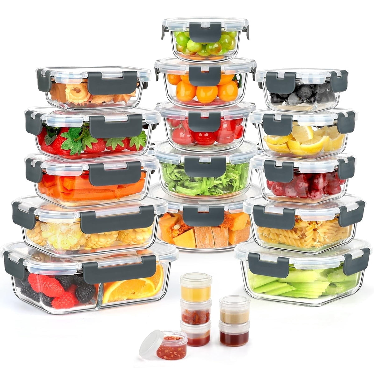 42 Pcs Glass Food Storage Containers Set with Snap Locking Lids, 21 Containers & 21 Lids, Glass Meal Prep Lunch Box Containers, Grey