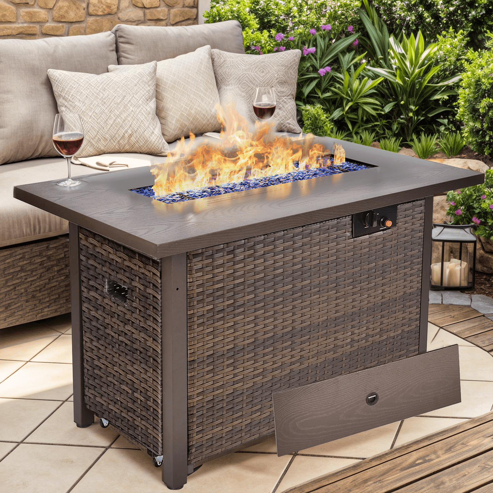 TANGJEAMER42" 55,000 BTU Outdoor Propane Fire Pit Table with Tempered Glass Beads – Hand-Woven Rattan Design with Pull-Out Drawer & Protective Lid