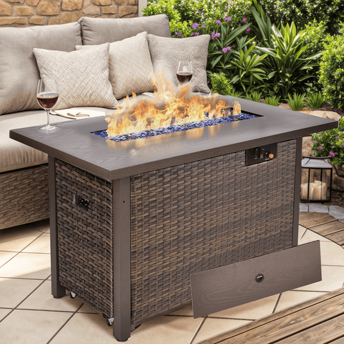 TANGJEAMER42" 55,000 BTU Outdoor Propane Fire Pit Table with Tempered Glass Beads – Hand-Woven Rattan Design with Pull-Out Drawer & Protective Lid