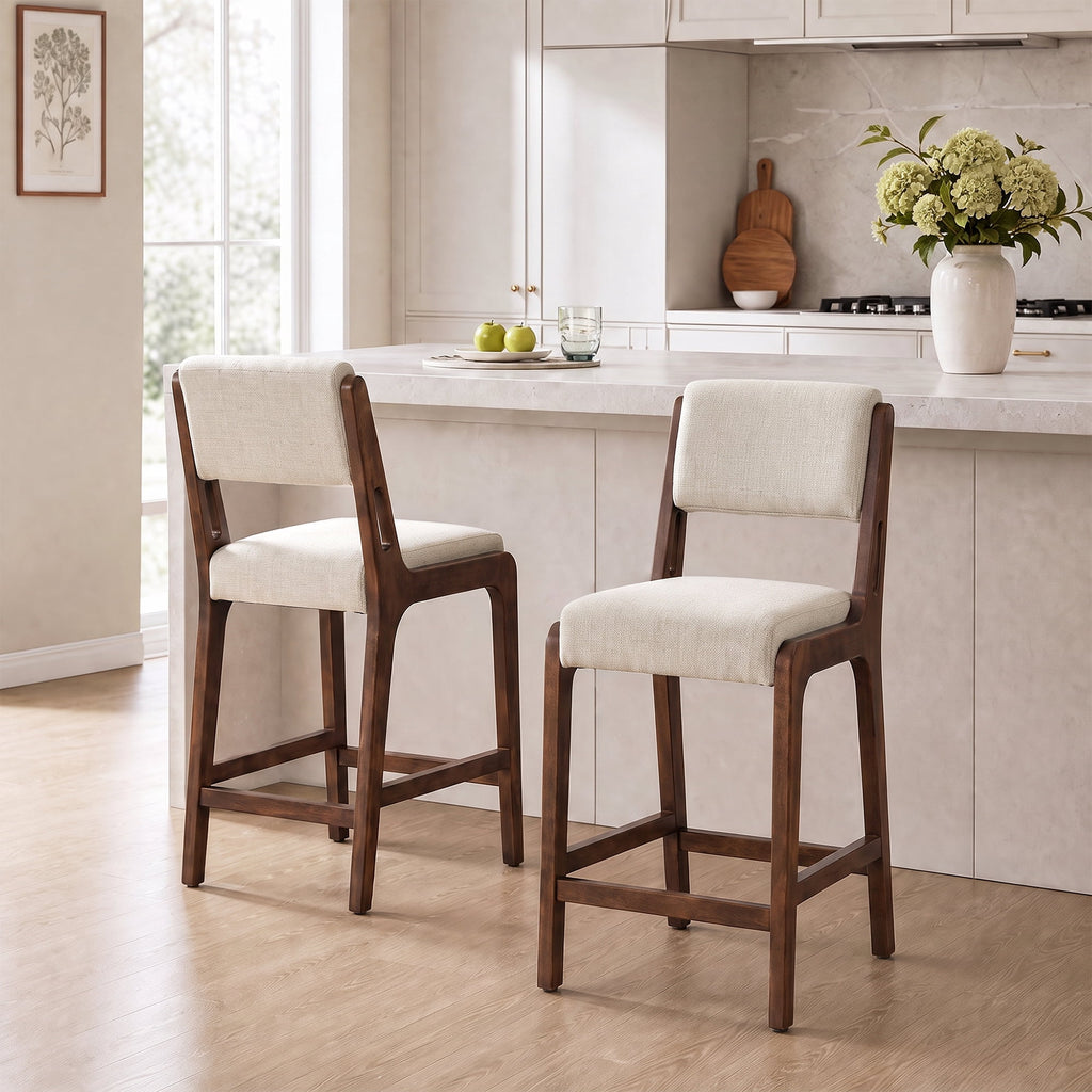 Modern Upholstered Counter Height Bar Stools Set of 2 with Solid Wood Legs and Integrated Footrest for Kitchen Island, Dining Room, Home Bar