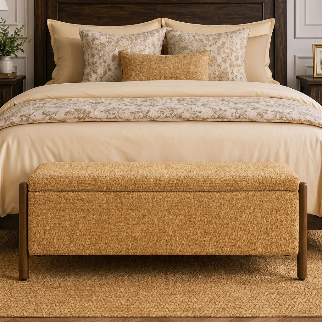 Upholstered Chenille Storage Bench, Spring Hinge Lift‑Top Storage Ottoman Bench, Solid Wood Legs, Anti‑Pinch Hinge, for Bedroom End of Bed, Entryway, Living Room,Yellow