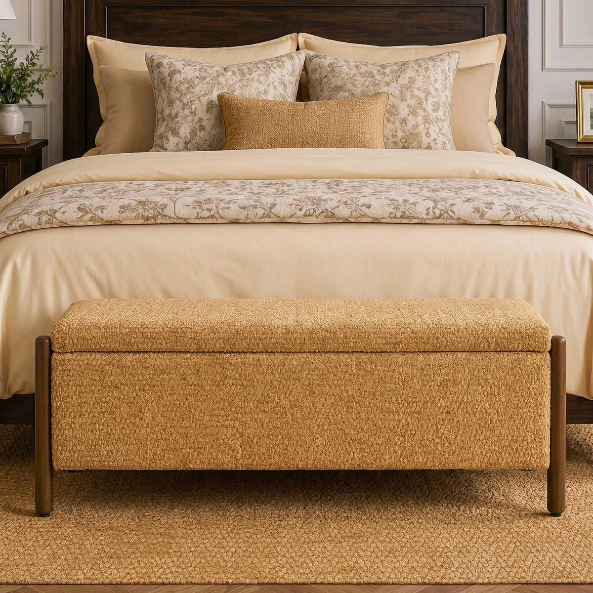 Upholstered Chenille Storage Bench, Spring Hinge Lift‑Top Storage Ottoman Bench, Solid Wood Legs, Anti‑Pinch Hinge, for Bedroom End of Bed, Entryway, Living Room,Yellow