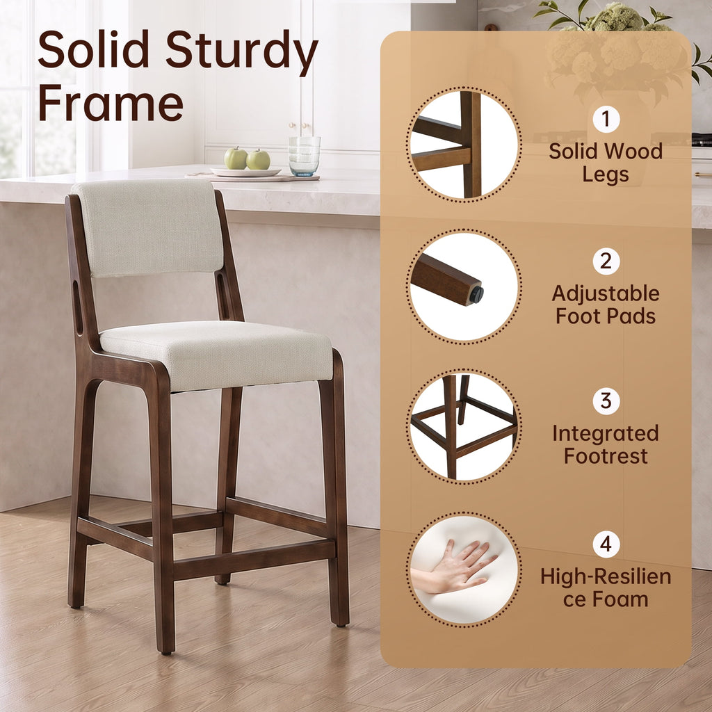 Modern Upholstered Counter Height Bar Stools Set of 2 with Solid Wood Legs and Integrated Footrest for Kitchen Island, Dining Room, Home Bar